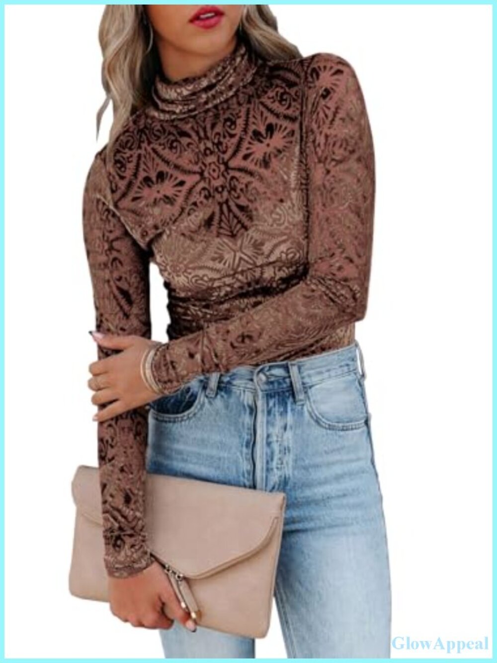Velvet Burnout Cowl Neck Long Sleeve Sheer Blouse Top